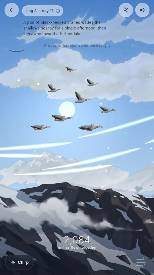 The flock in flight under a bright painted sky, with silver threads of other travellers' wind.
