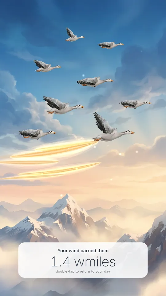 The release moment: geese climbing through a bright painted sky, with the distance your wind carried them.