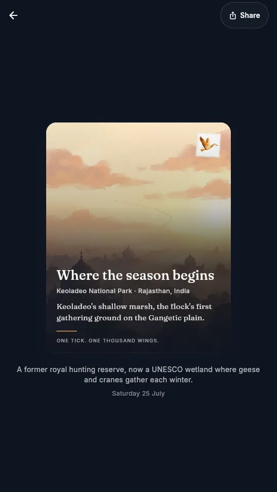 A postcard keepsake from Keoladeo National Park, Rajasthan, titled “Where the season begins”.